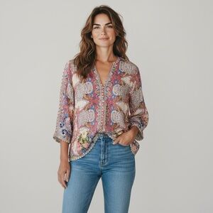 JOHNNY WAS Floral Bohemian Women's Top Multiprint Medium Kantha